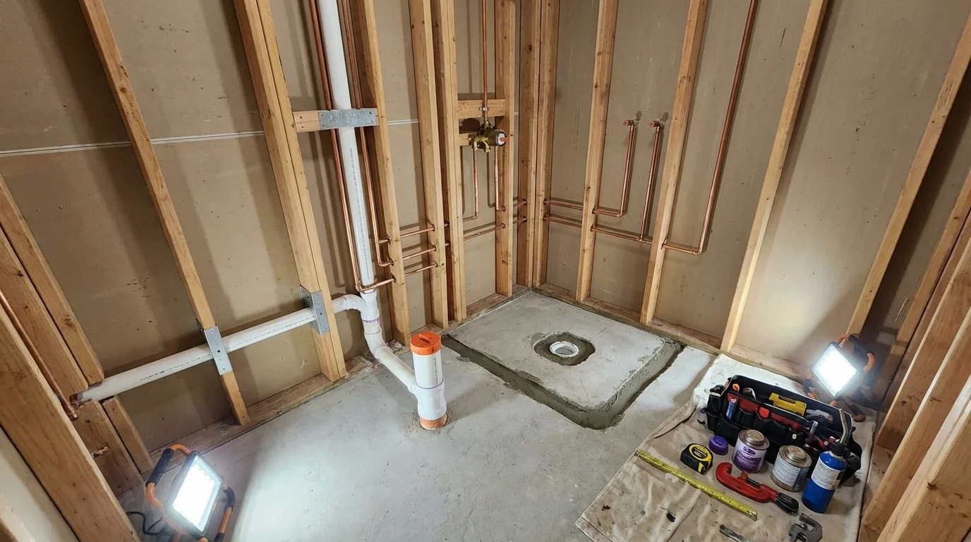 Bathroom rough-in plumbing during remodel by Johns Plumbing LLC in Childersburg