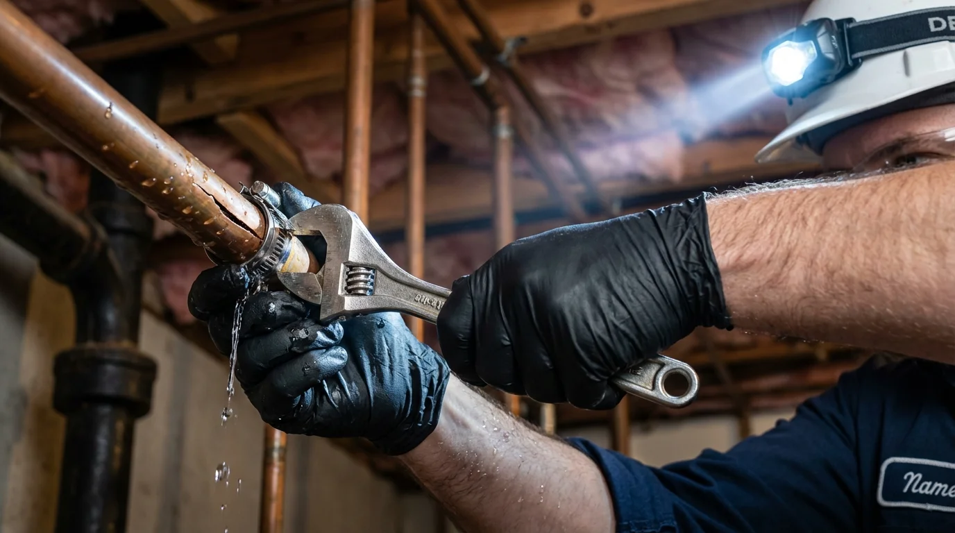 Emergency pipe clamp repair being performed by a Johns Plumbing LLC plumber in Childersburg