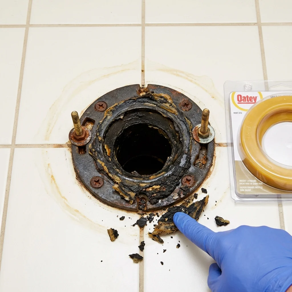 Failed wax ring showing water seepage at the base of a toilet in a Childersburg, AL home