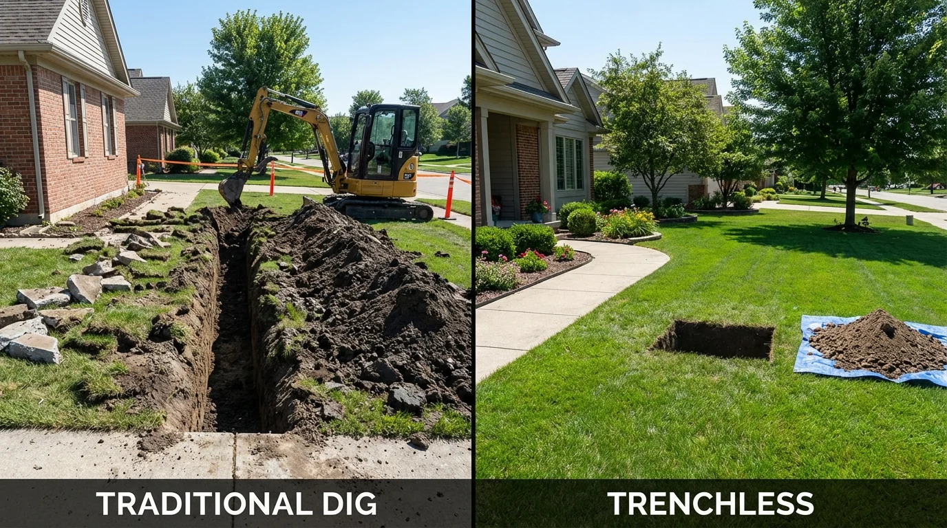 Trenchless sewer repair with minimal yard damage versus traditional excavation in Childersburg, AL