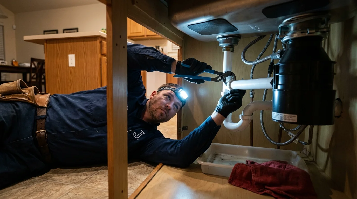 P-trap and supply line connections under a kitchen sink showing a common leak point in Childersburg, AL
